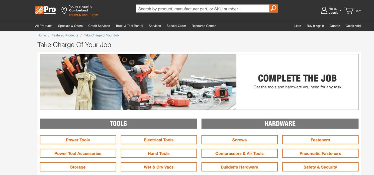 Homepage of a website featuring a person using a power drill, with tool category links below.