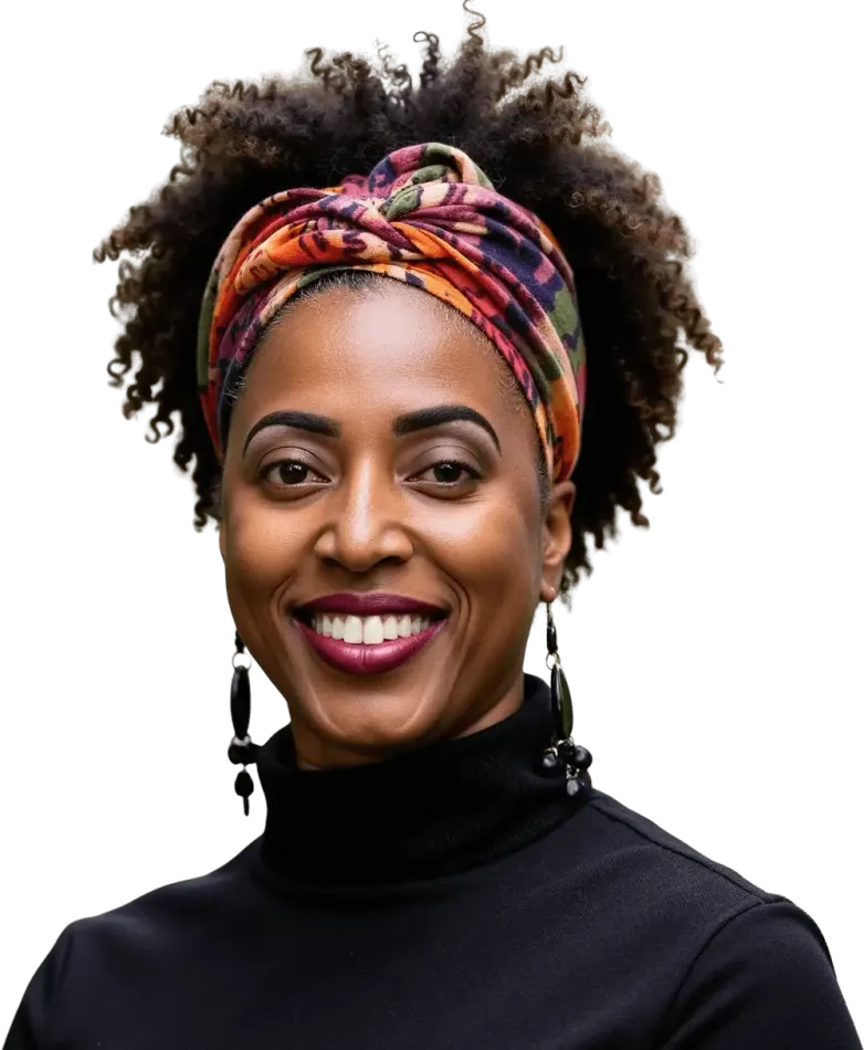 Woman with dark curly hair, wearing a patterned headscarf and black turtleneck, smiling.