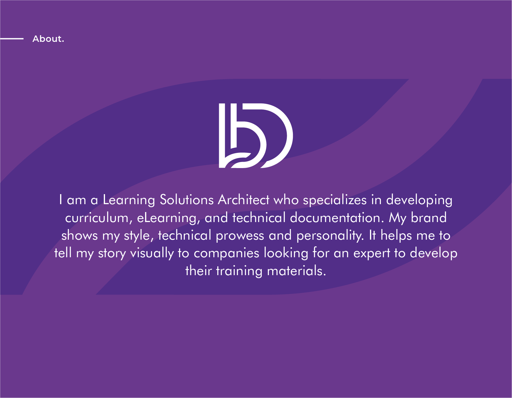 Purple website layout with a white logo and text describing a Learning Solutions Architect.