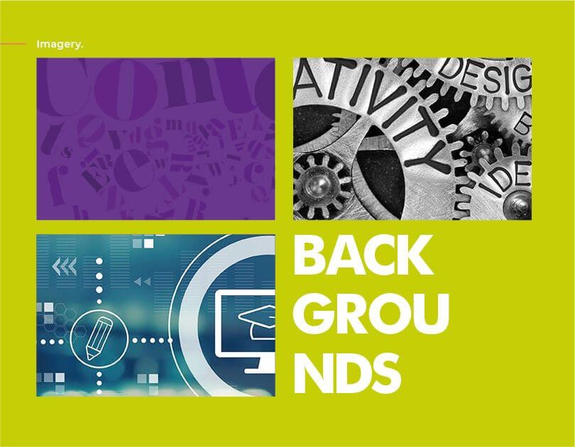 Collage of graphics: purple word art, gears with design words, computer icons. Green and white text: BACKGROUNDS.