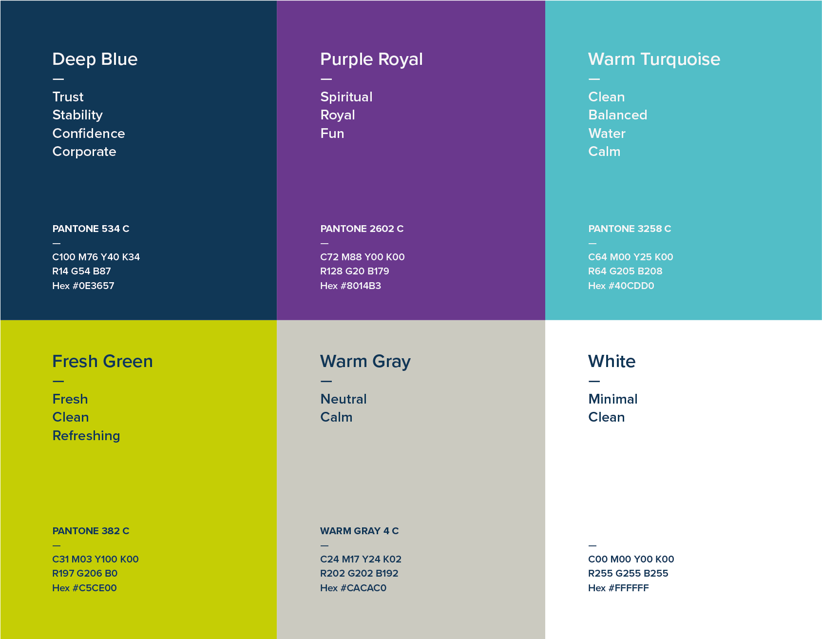 Color palette: Deep blue, purple, turquoise, green, gray, and white with descriptive words and CMYK codes.