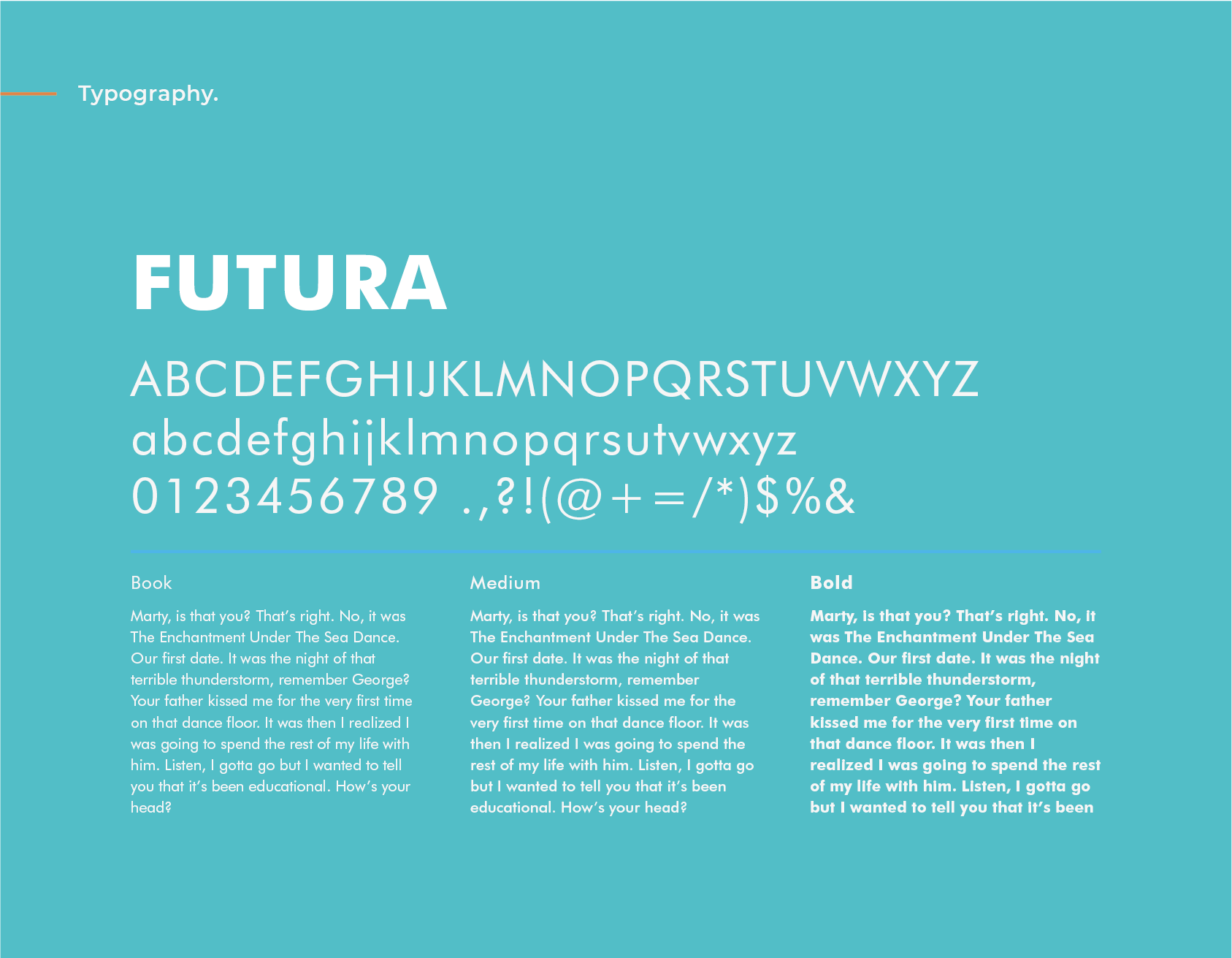 Typography example with the Futura font, uppercase and lowercase letters, numbers, and symbols, on a teal background.