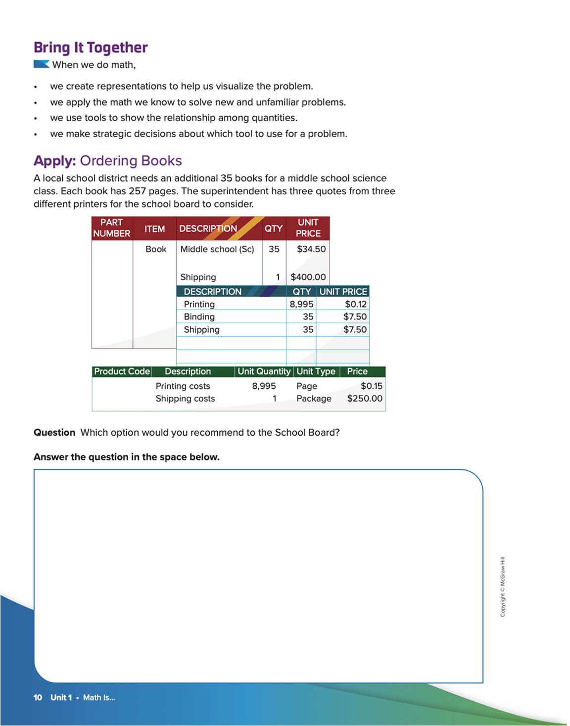 Textbook sample showing text explaining how to order books, with data tables.