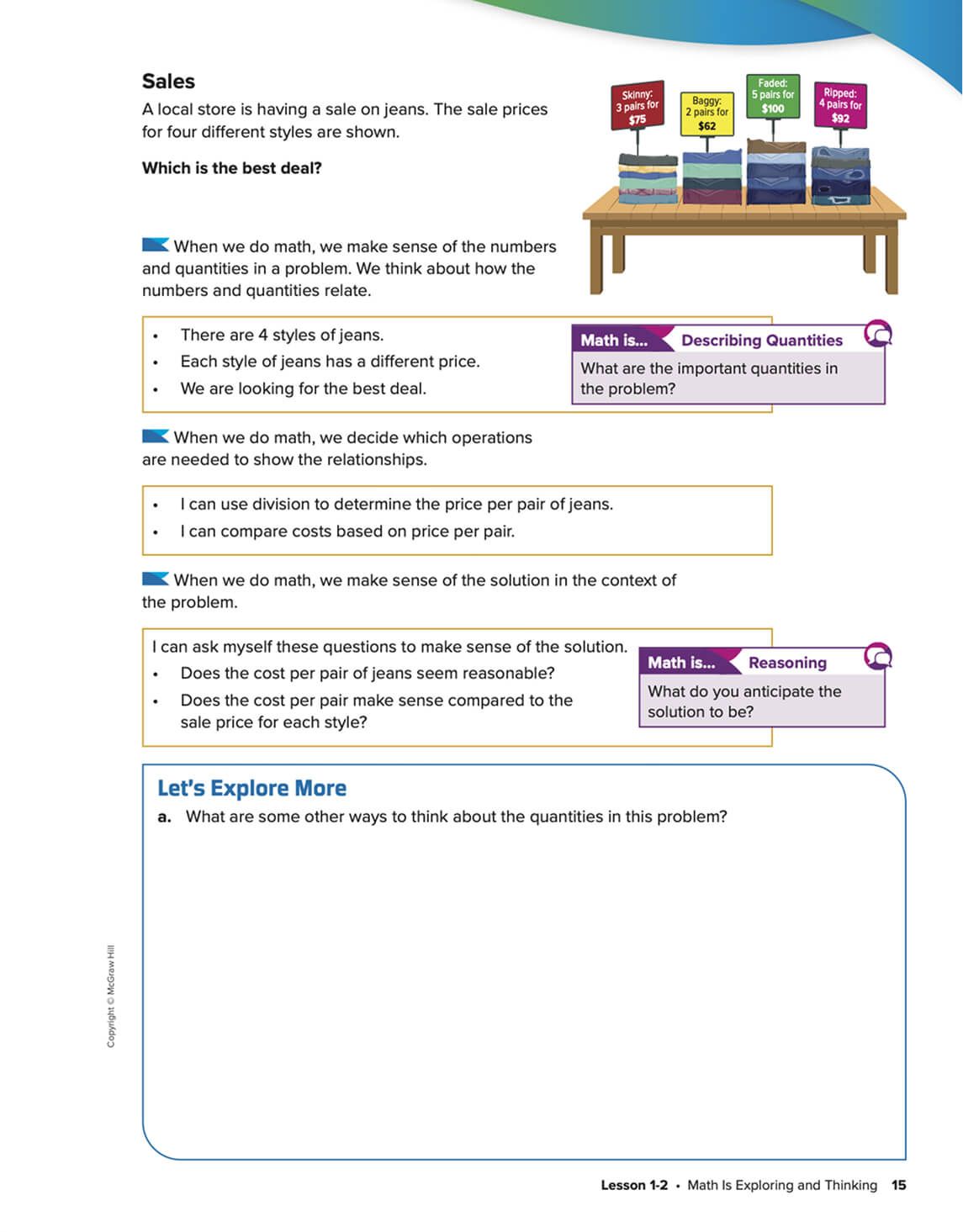 Textbook sample showing a diagram of books and text about operations in math.
