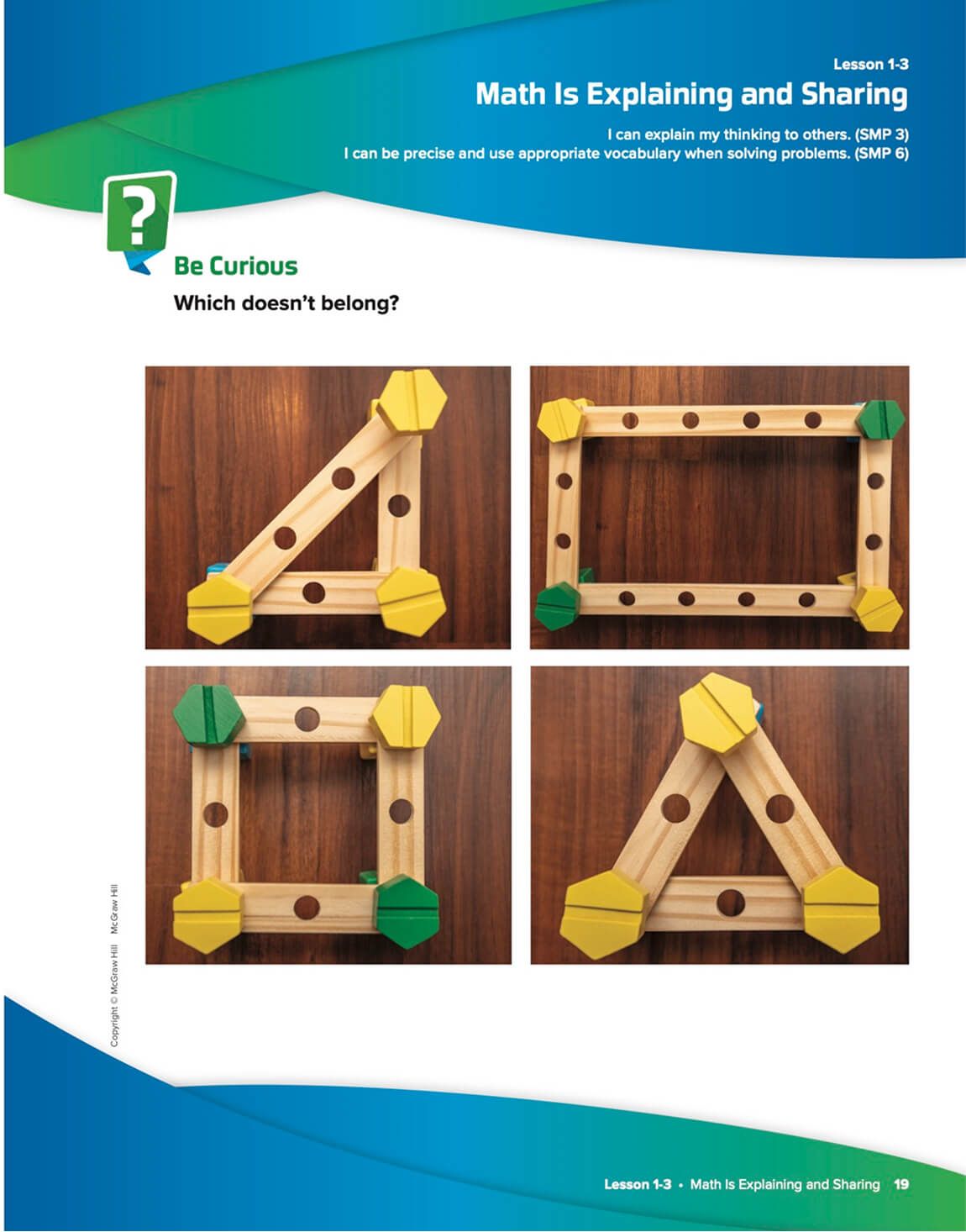 Textbook sample showing shapes made of wood and blocks: a triangle, rectangle, square, and triangle.