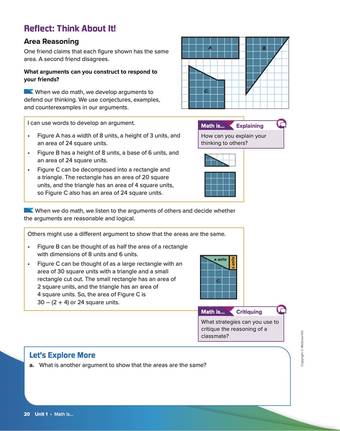 Textbook sample showing a diagram demonstrating area reasoning, including figures with corresponding area measurements.