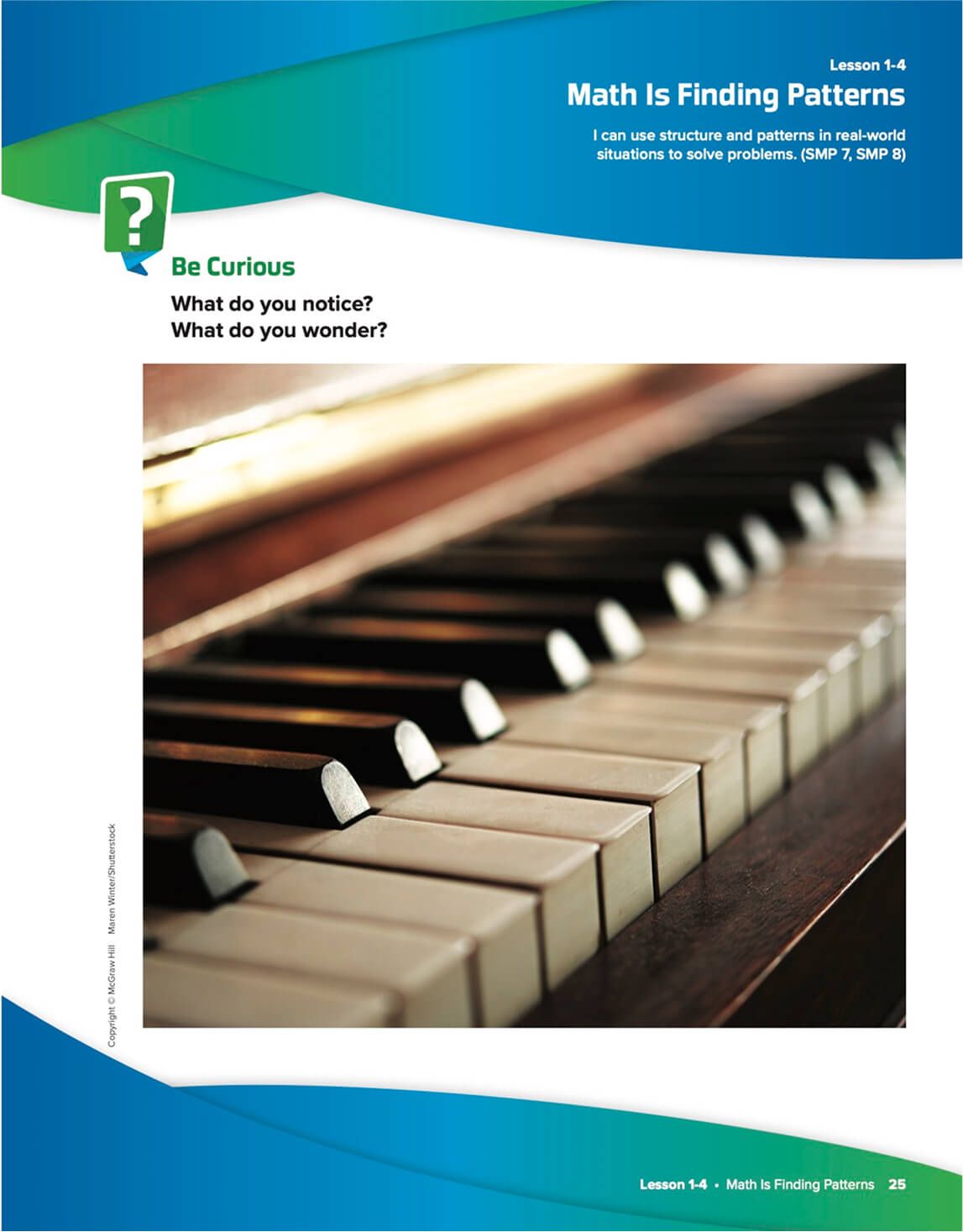 Into page sample showing piano keys with text: