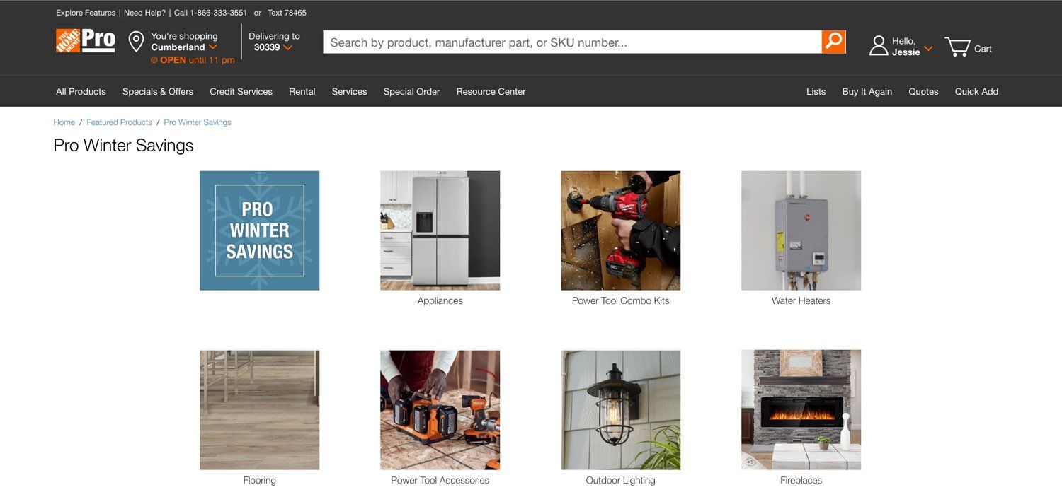 Webpage showcasing pro-focused savings with product categories like water heaters, flooring, tools, lighting, and kitchen appliances.
