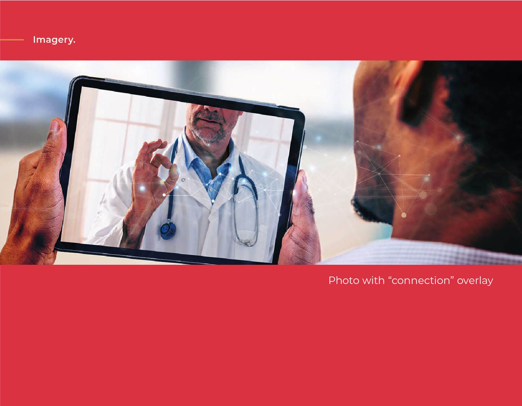 Man receiving telemedicine consultation on a tablet; doctor making an OK gesture.