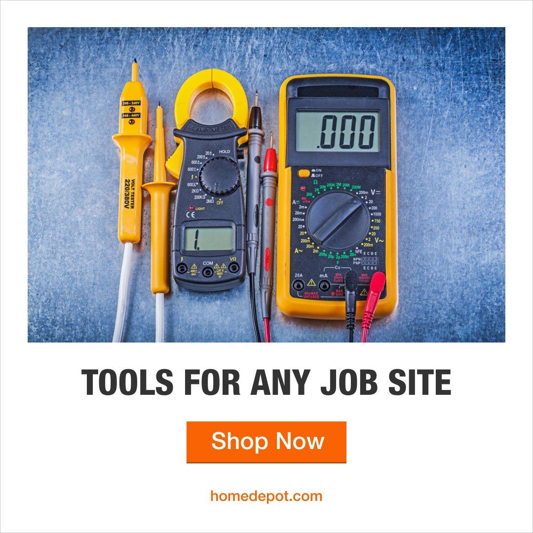Tools for any job site advertisement: Yellow multimeters and clamp meter. Shop Now button.