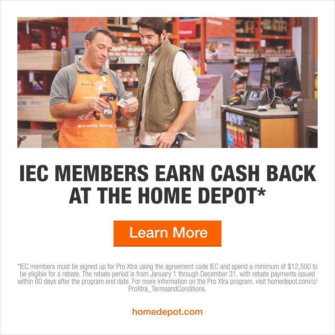 A Home Depot employee helping a customer. Text reads: IEC members earn cash back. Learn More.