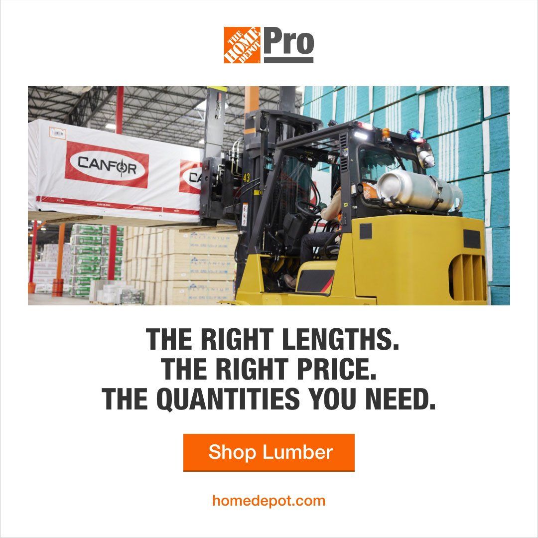 Home Depot Pro advertisement: a forklift moving lumber in a store. Text: