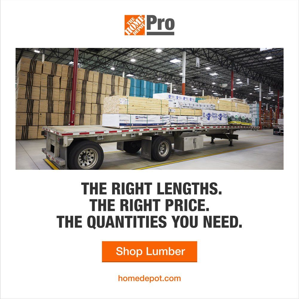 Home Depot Pro ad: Lumber on a trailer in a warehouse. Text: right lengths, price, quantities you need.