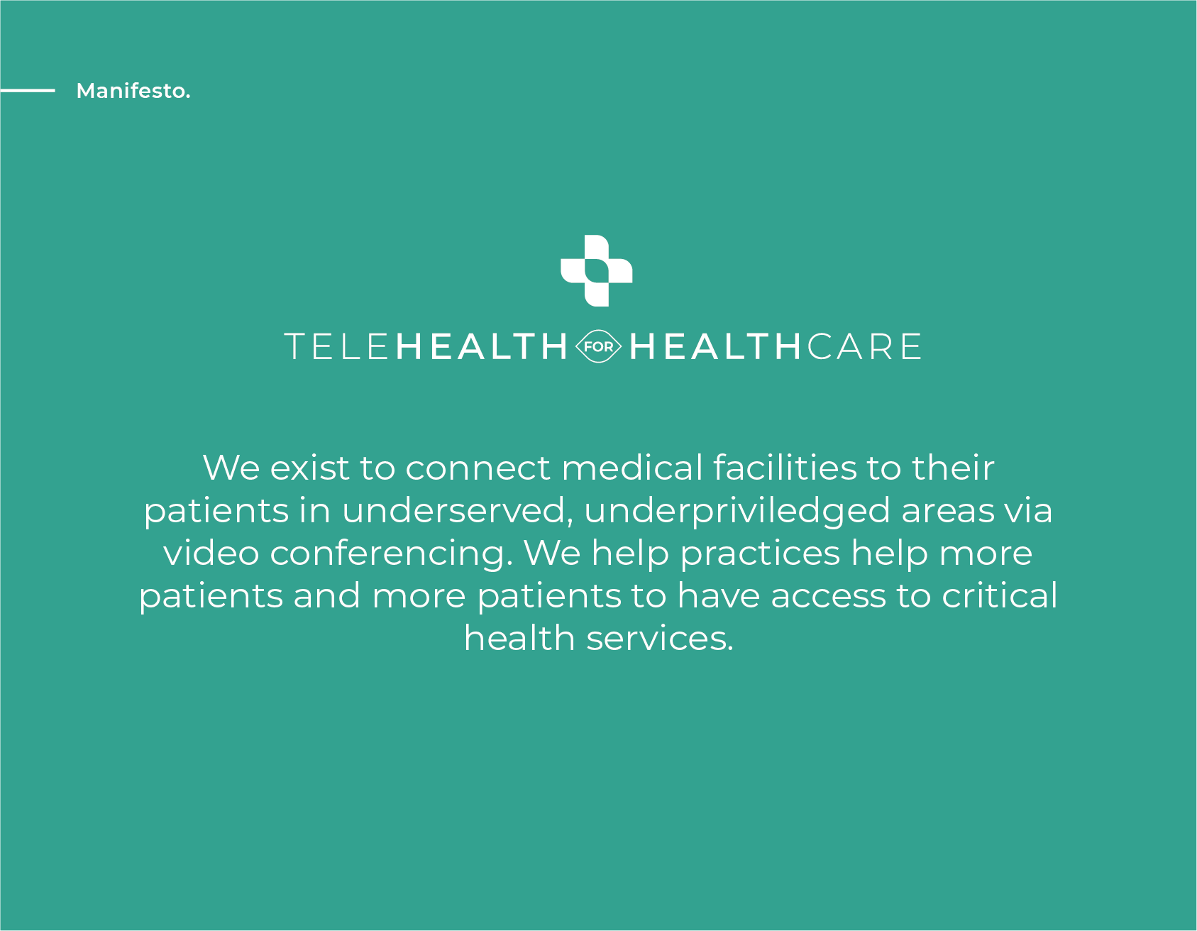 Logo for Telehealth Healthcare, teal background with white text, stating connection of patients via video conferencing in underserved areas.