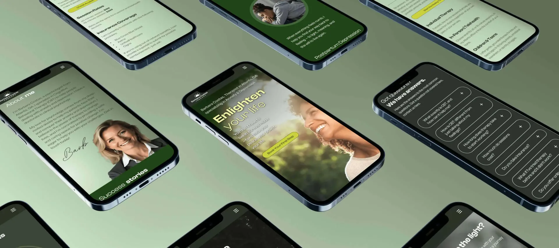 Multiple smartphones displaying webpages, with a woman's portrait and green and white text, set against a green background.