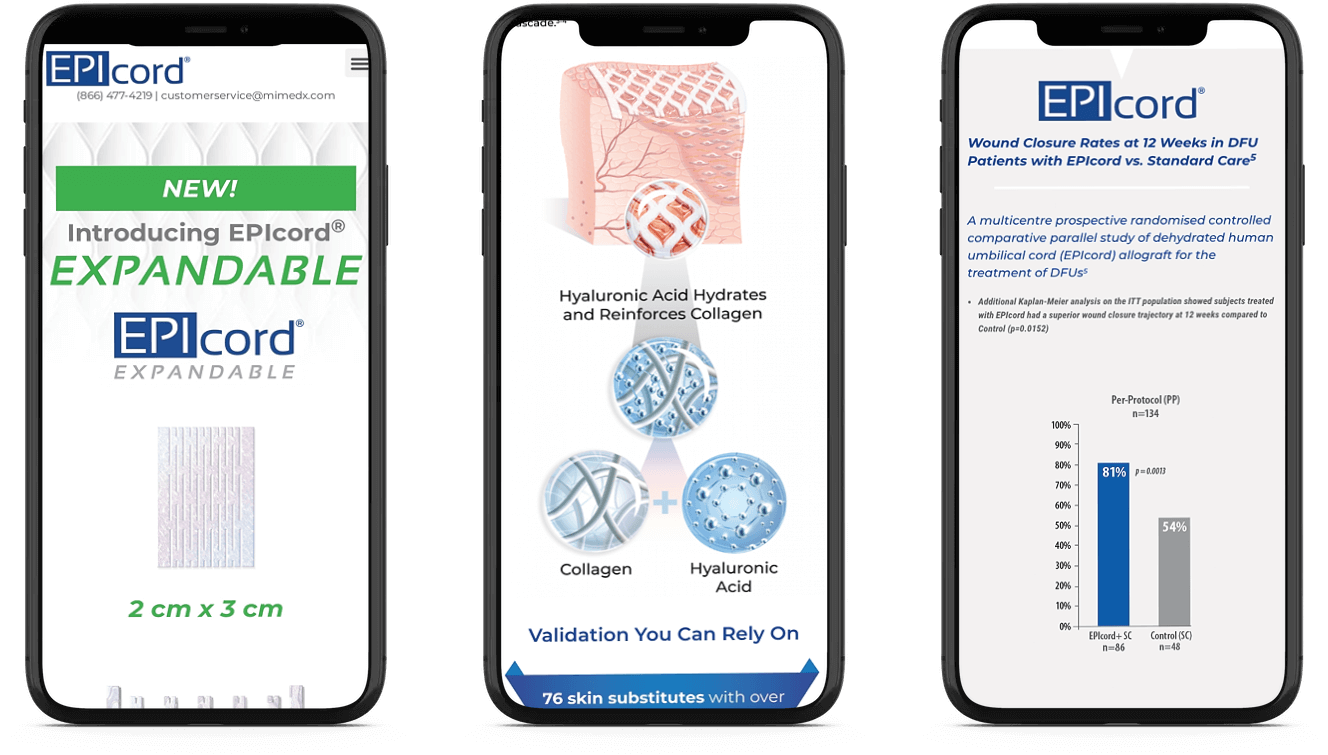 Three smartphones displaying EpiCord expandable medical product information.
