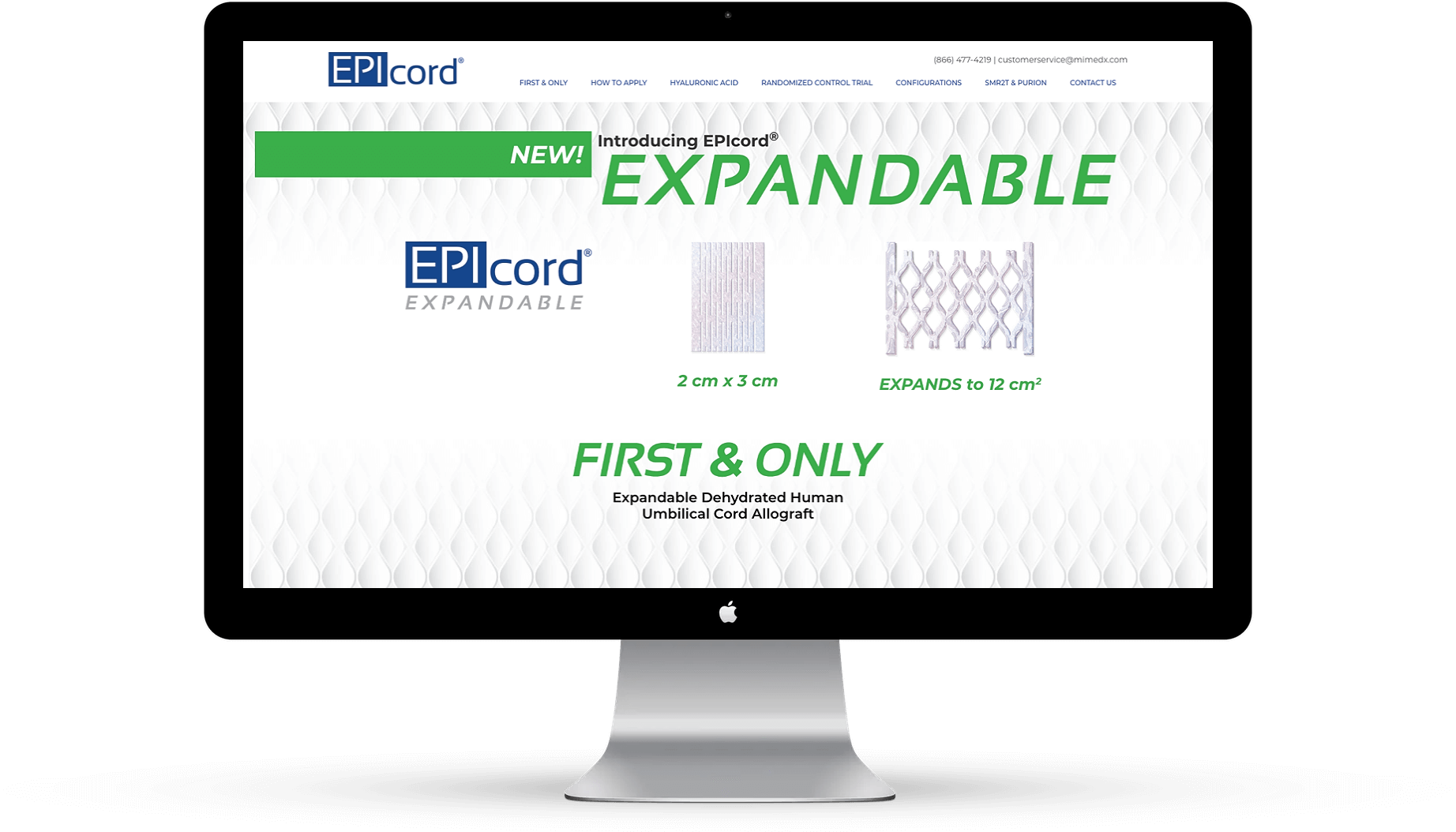 Website homepage on a computer screen. Displaying “EPIcord® EXPANDABLE” product with diagrams.