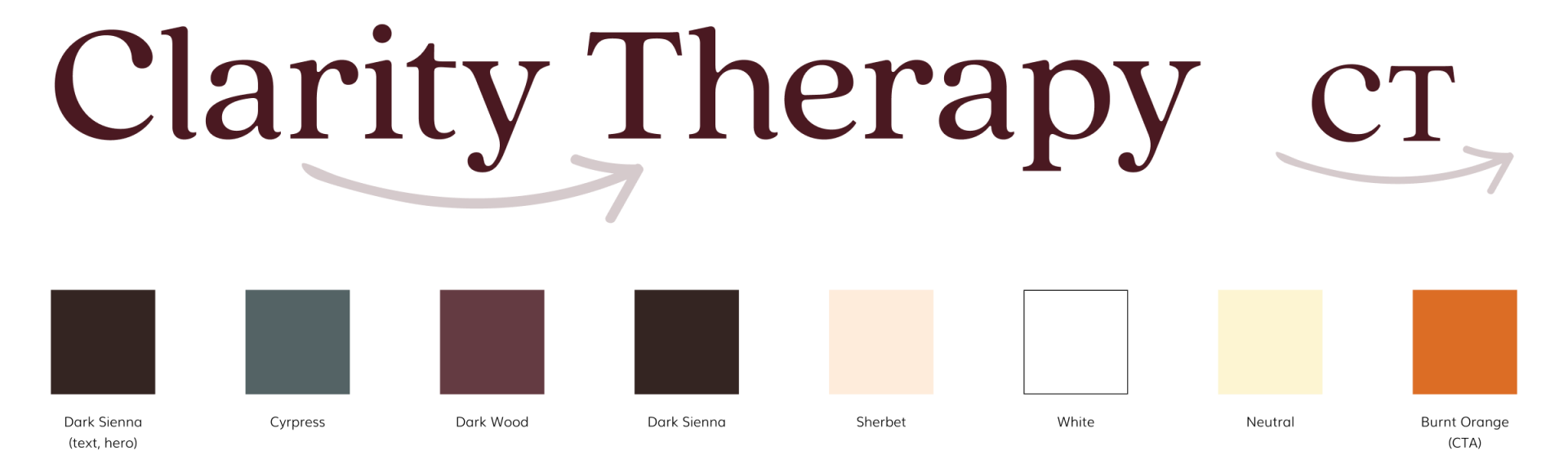 Clarity Therapy logo with color palette: shades of brown, gray, beige, white, and orange.