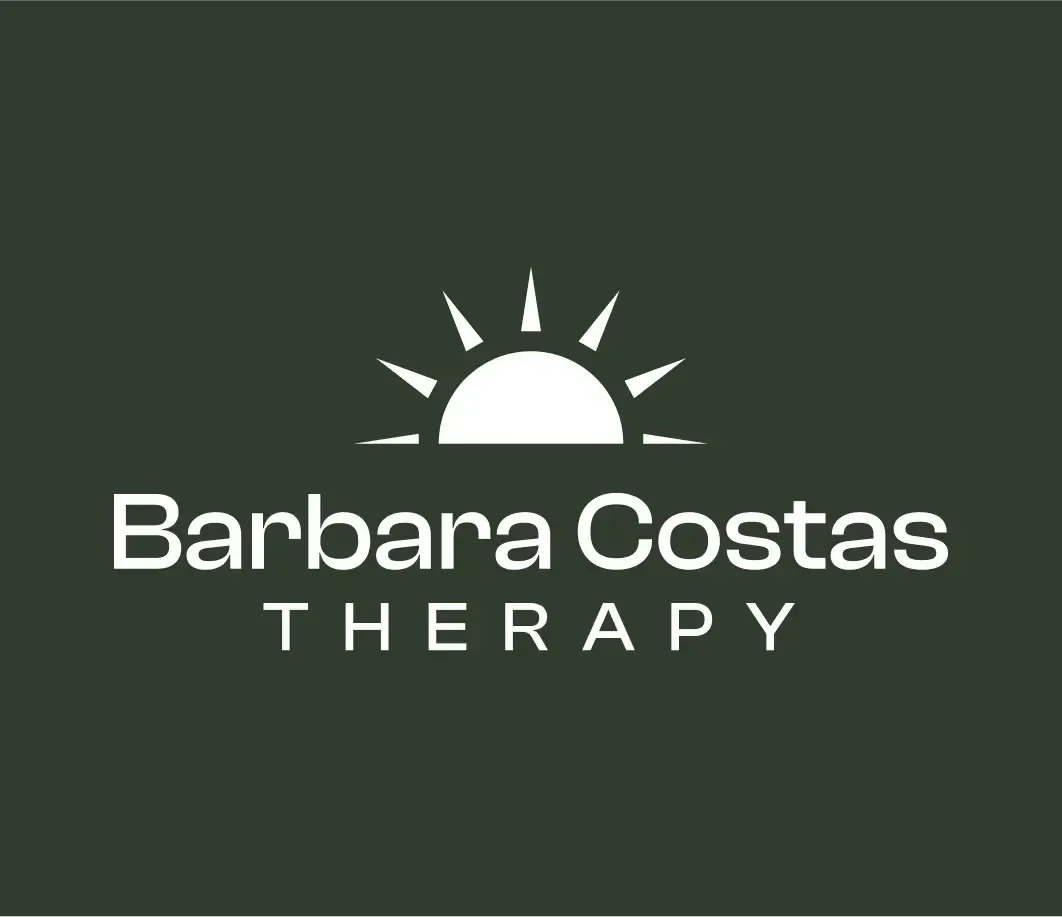 Logo for Barbara Costas Therapy: white sun icon above text on a dark green background.