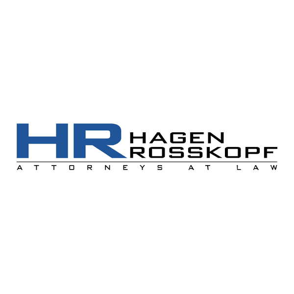 Logo for Hagen Rosskopf Attorneys at Law: blue HR initials with black text.