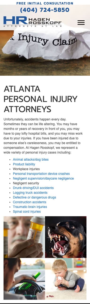 Ad for Atlanta personal injury attorneys with images of people and dogs.