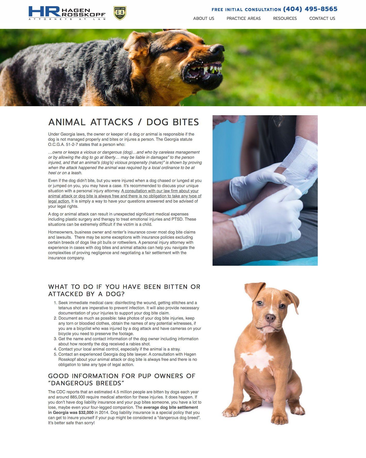 Web page about animal attacks/dog bites. Includes a snarling dog, an injured arm, and a puppy.