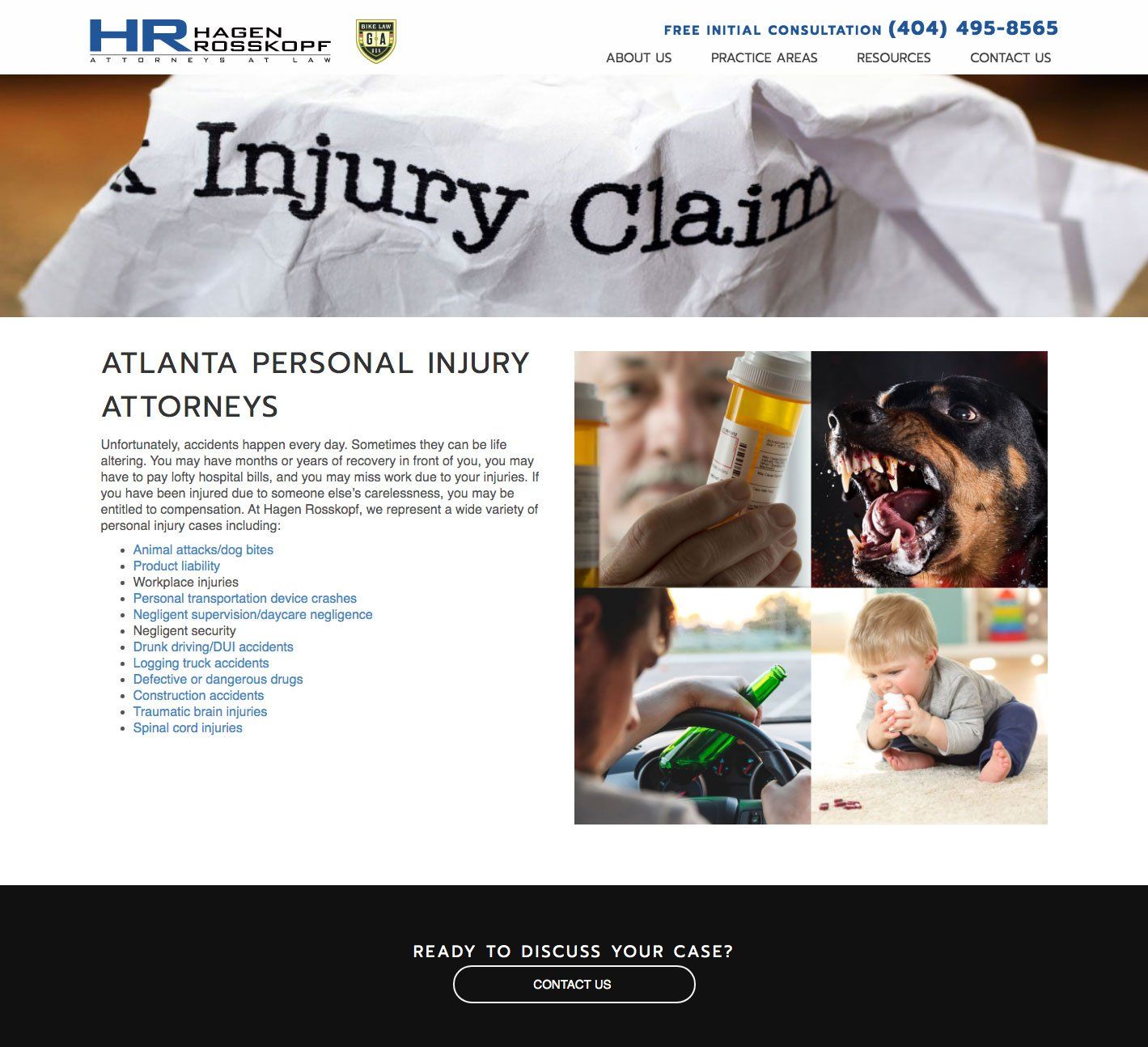 Atlanta personal injury law firm website featuring injury-related photos; pills, dog, baby, car accident.