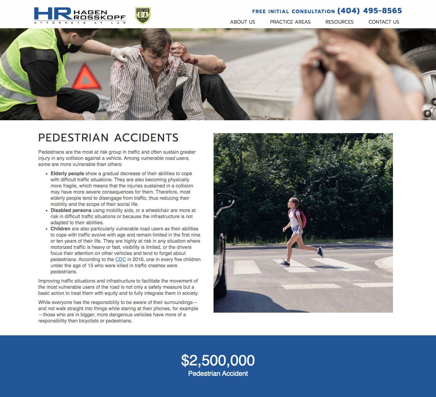Pedestrian accident law firm advertisement with injured people and a running girl.
