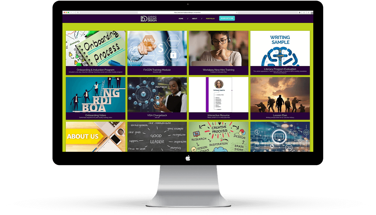 Website homepage displayed on a computer screen with various tiles and a purple and green header.