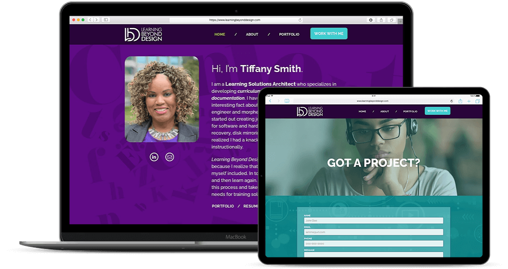 Laptop and tablet displaying a website with a purple and teal color scheme. A woman's photo is on the laptop, and a contact form is on the tablet.