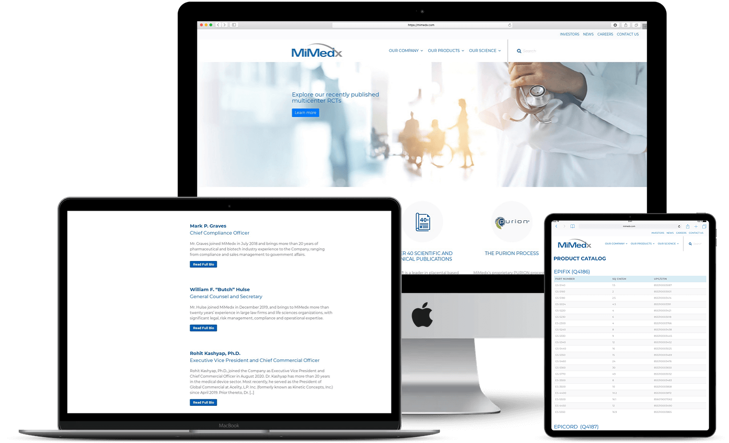 Webpage displayed on a laptop, desktop monitor, and tablet. The website is medical-themed.