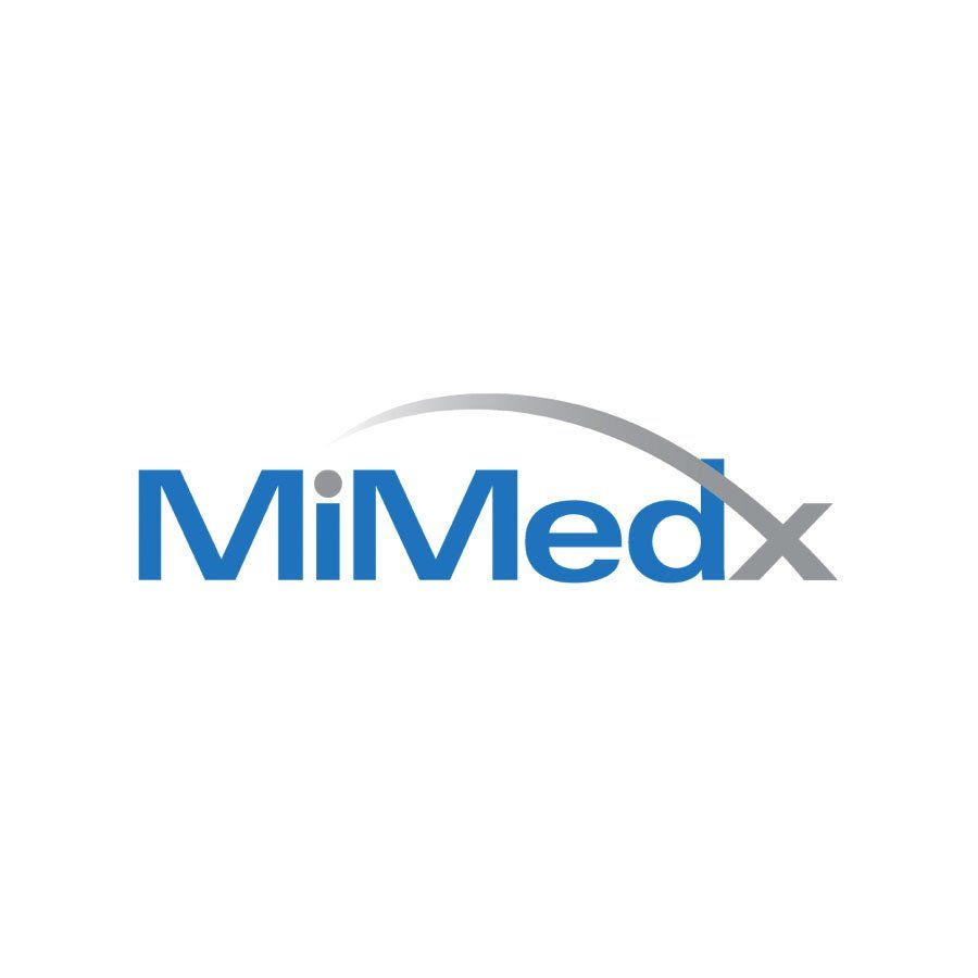 MiMedx logo with blue text and a silver arc.