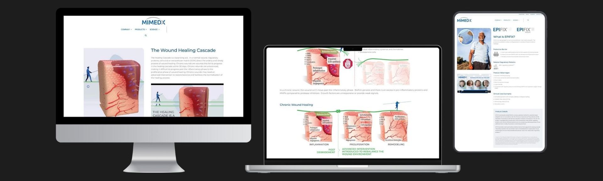 Webpage displayed on a laptop, desktop monitor, and tablet. The website is medical-themed.