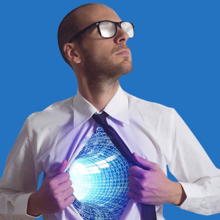 Man in white shirt, glasses, opening his chest to reveal a glowing blue tunnel, on a blue background.
