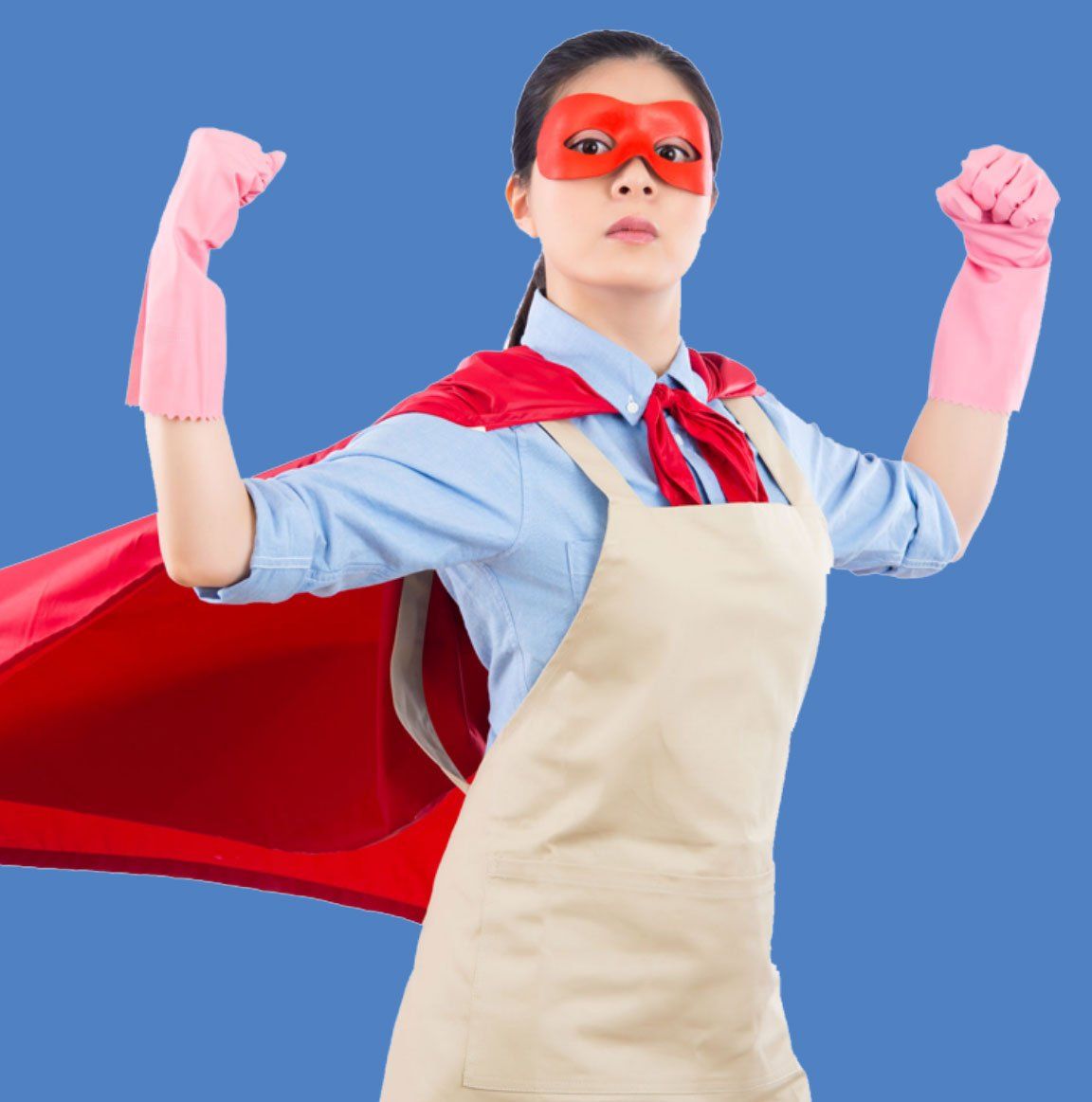 A woman superhero in a red mask, cape, and apron flexes her arms, wearing pink gloves.