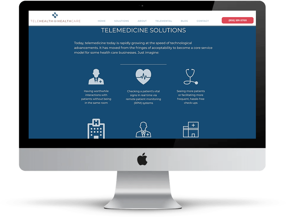A website displaying telemedicine solutions on a desktop computer with icons and a blue background.
