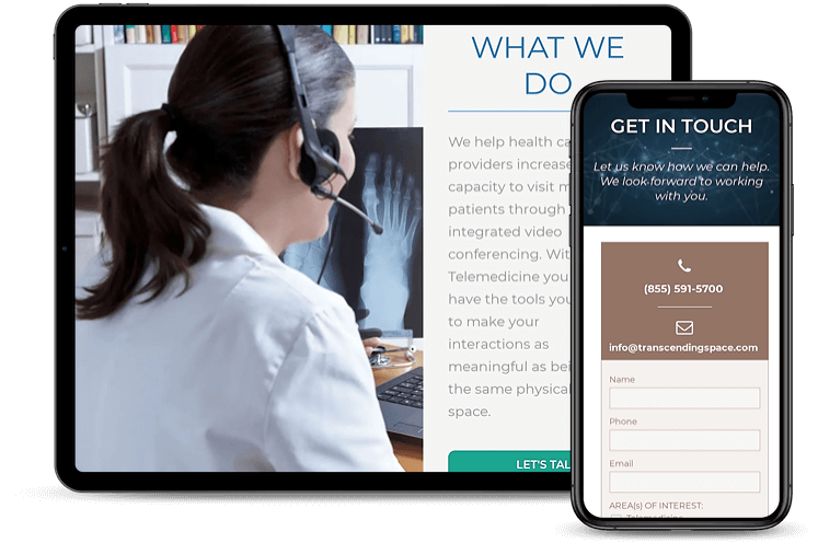 Woman with headset on tablet, phone shows contact form.