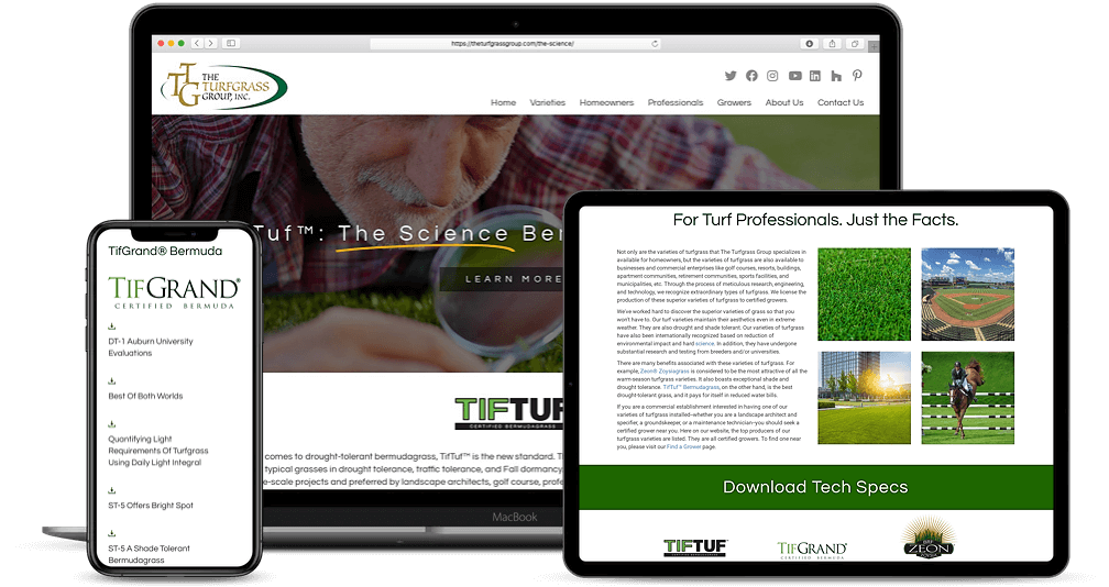 Website design showcasing a brand's website on a laptop, tablet, and phone.