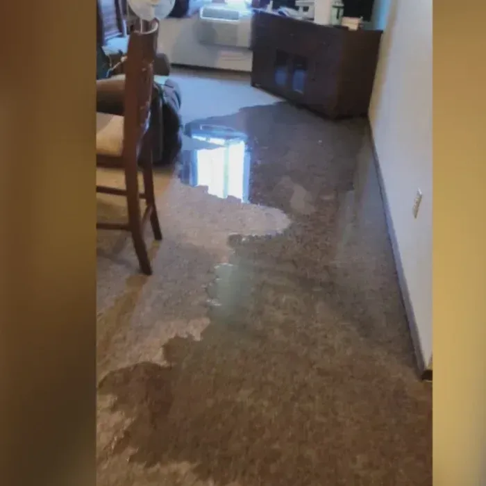 Flooded living room floor with standing water reflecting light near furniture