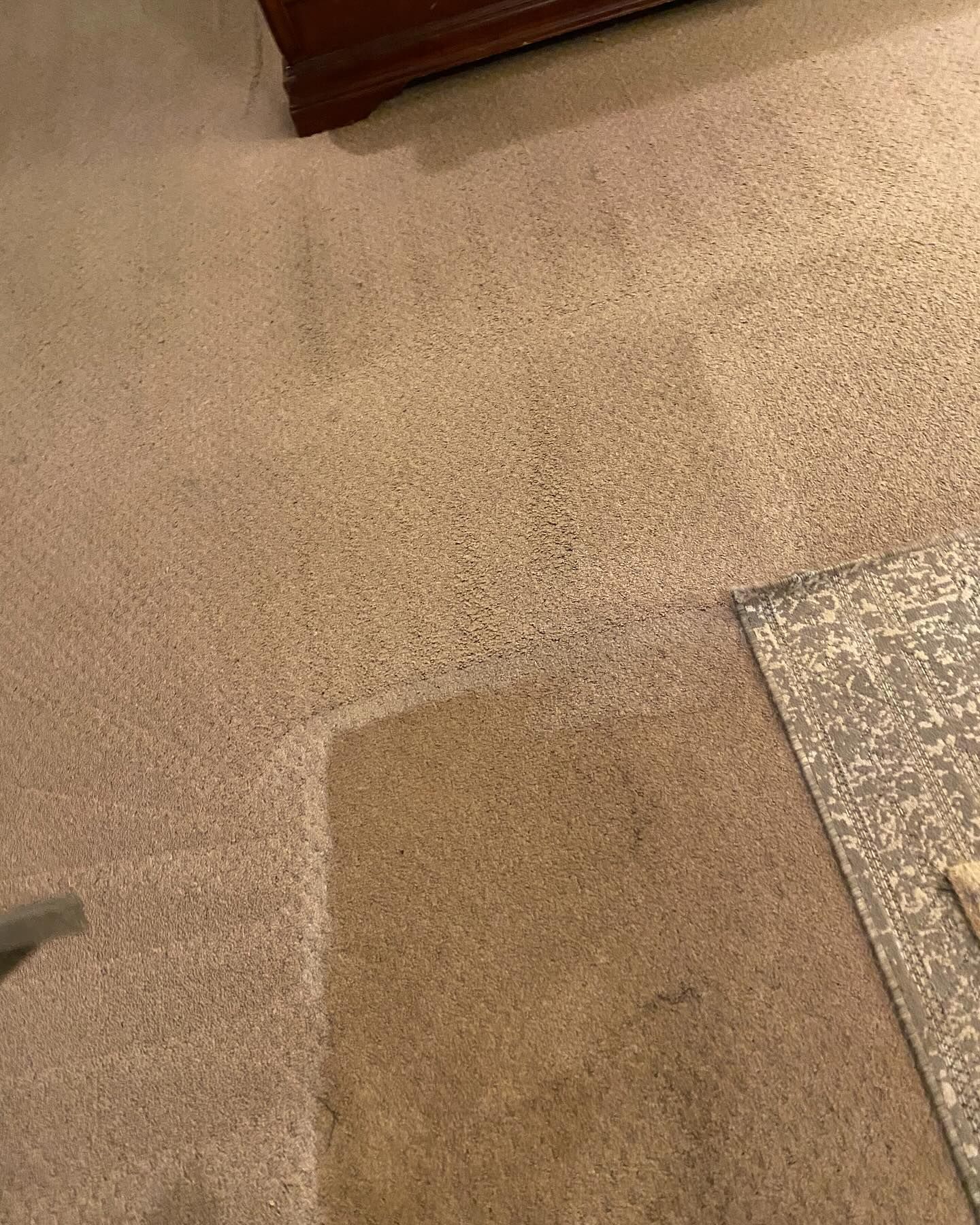 Beige carpet with a darker rectangular wet stain near a gray rug and wooden furniture edge.