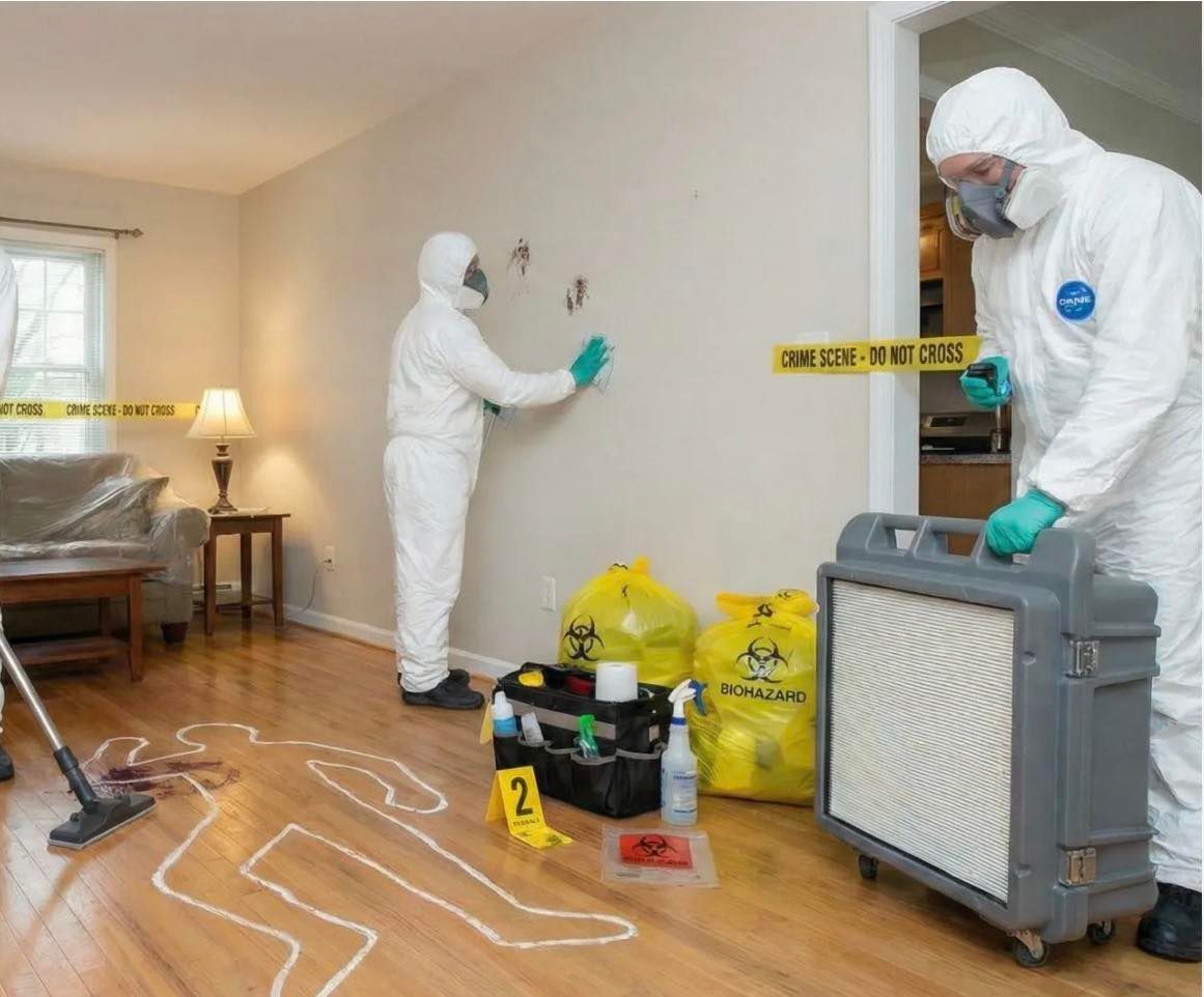 Two workers in white hazmat suits cleaning a room with biohazard equipment and yellow caution bags