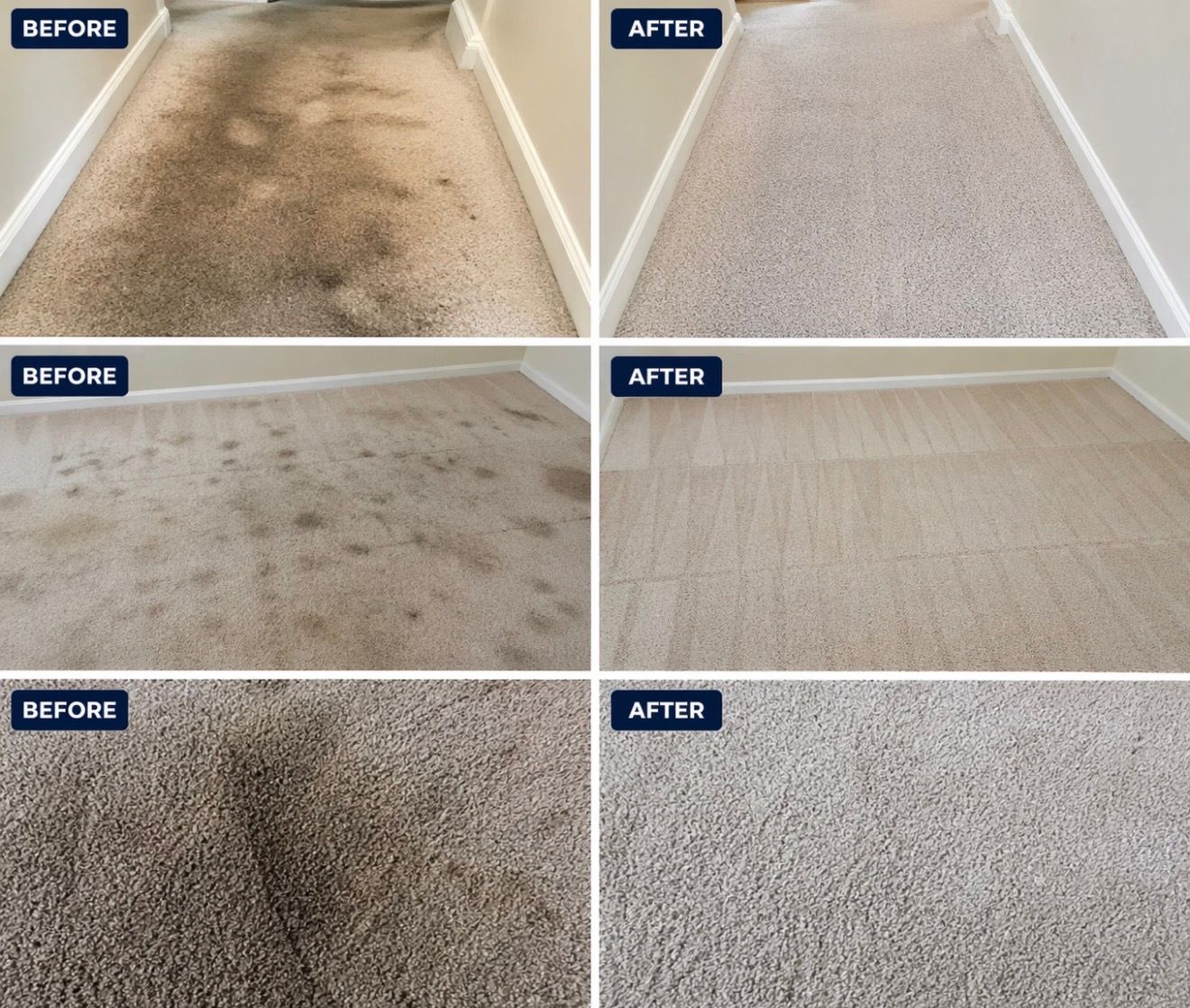 Before-and-after carpet cleaning results, showing stained beige carpets restored to clean, bright flooring.