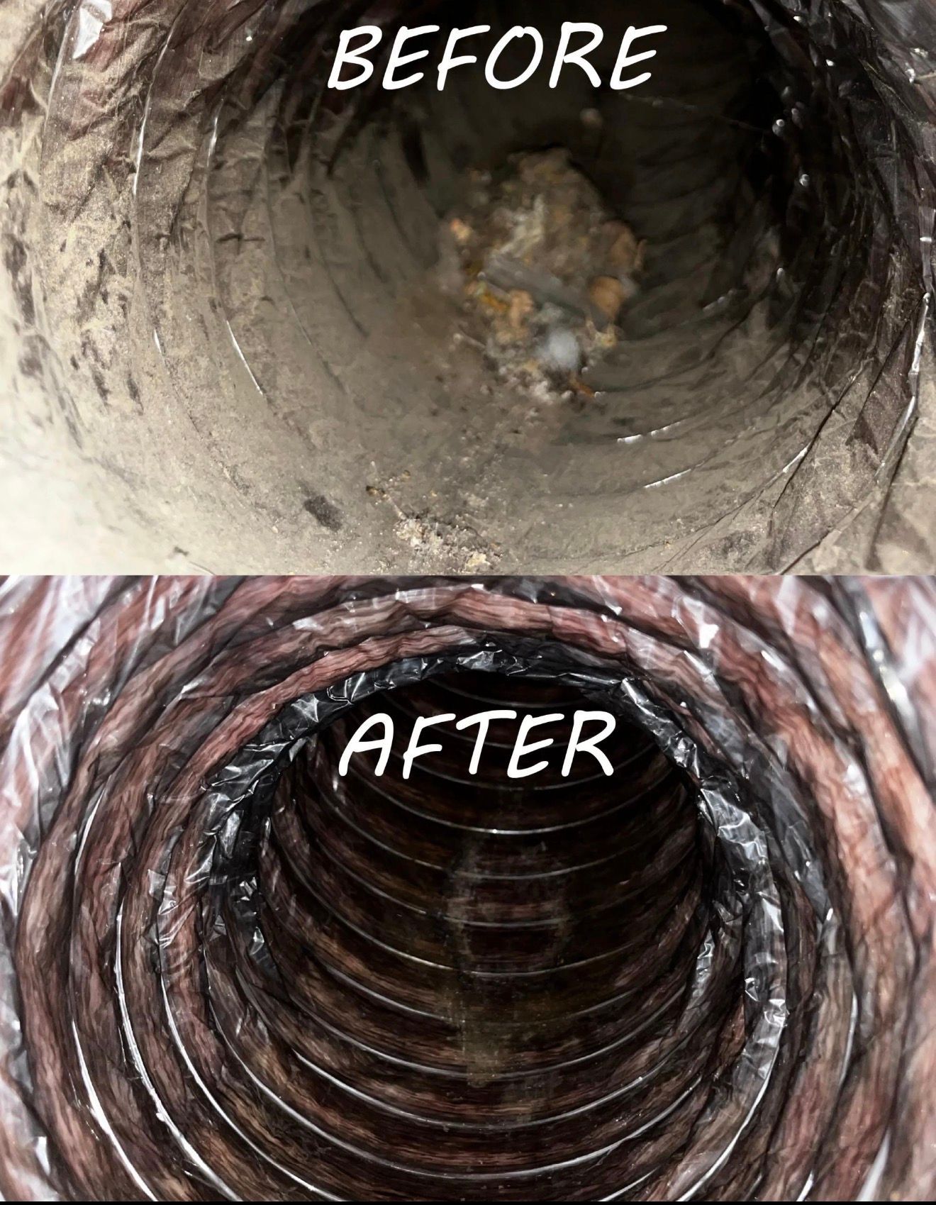 Before-and-after view of a dirty pipe cleared to a clean, ribbed pipe interior.