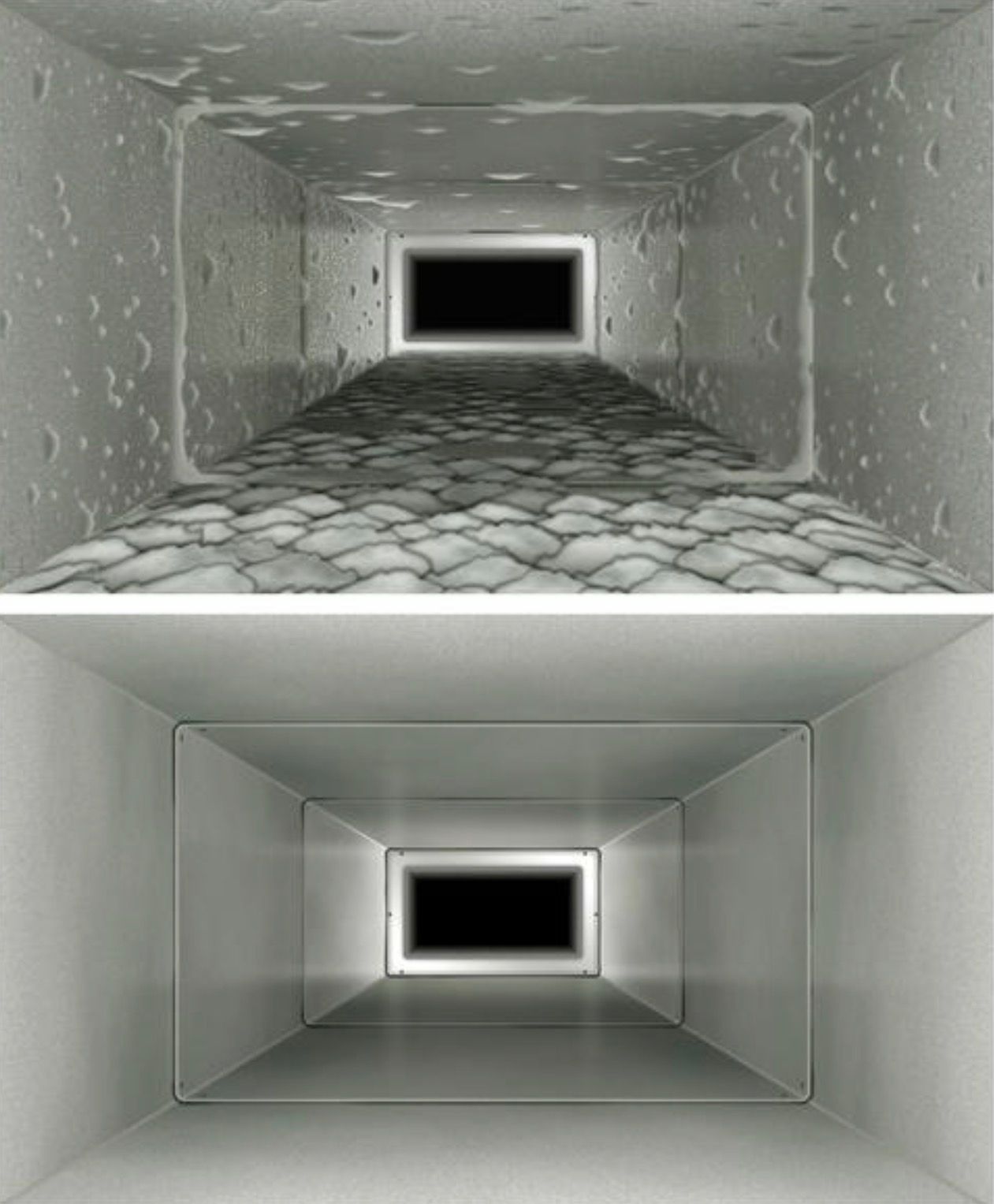 Two gray tunnel interiors shown one above the other, each with a dark rectangular opening at the far end.