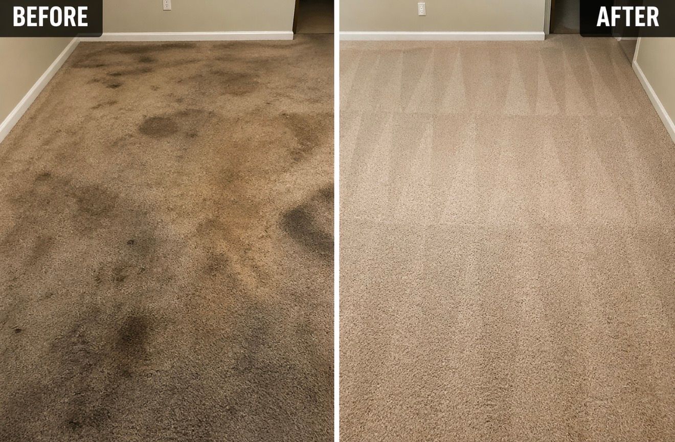 Carpet before and after cleaning: stained brown on left, clean beige on right.
