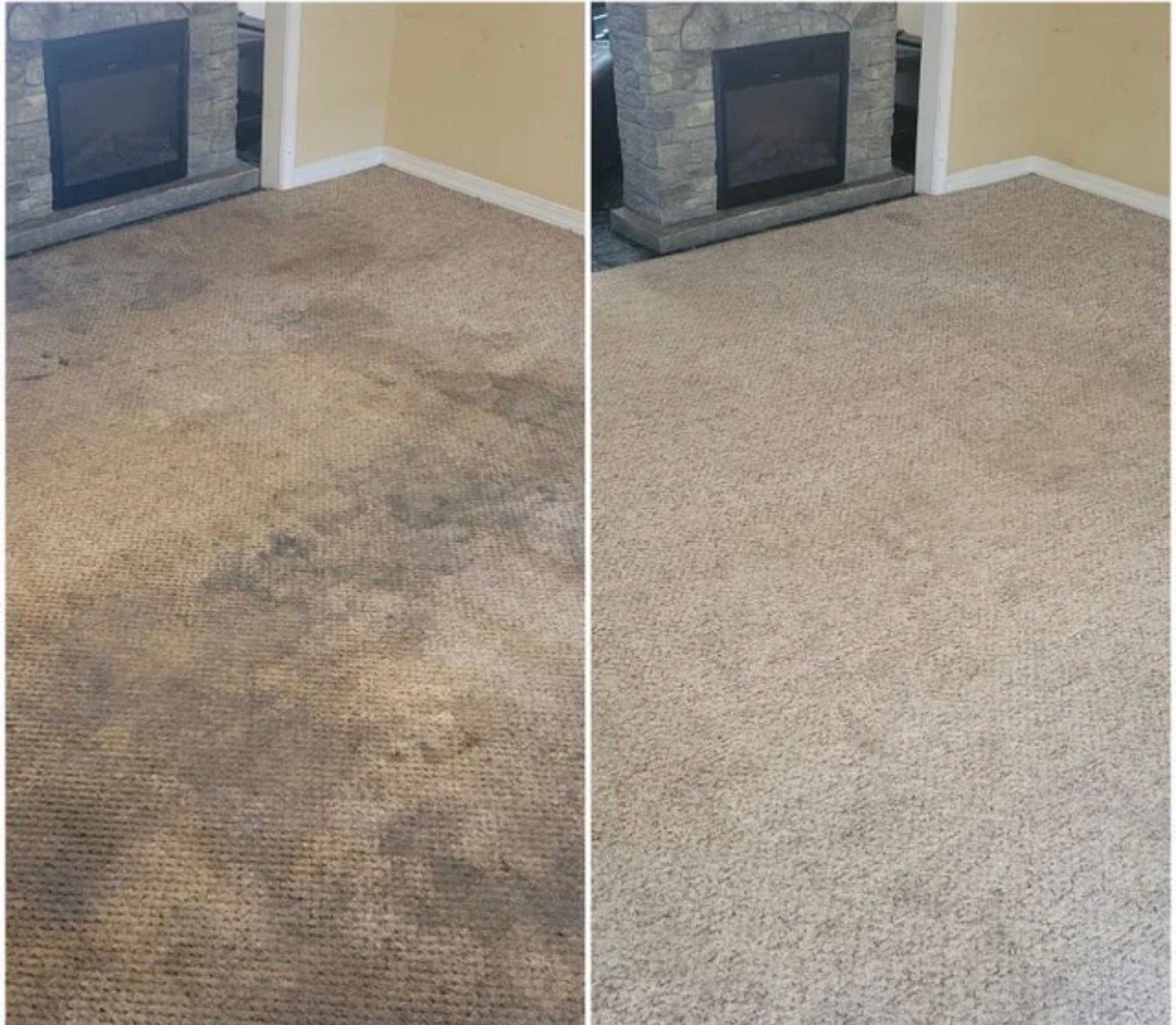 Side-by-side carpet before and after cleaning in a living room near a fireplace.