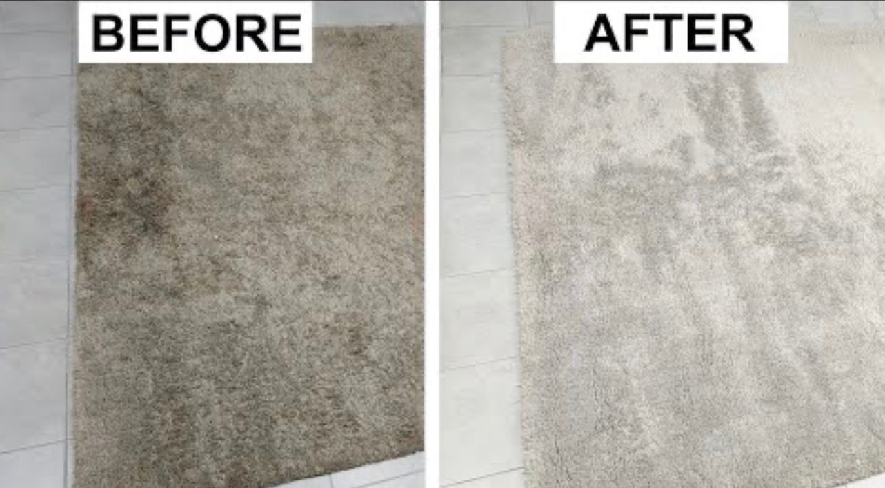 Split image of a dirty carpet before and a cleaner, lighter carpet after cleaning