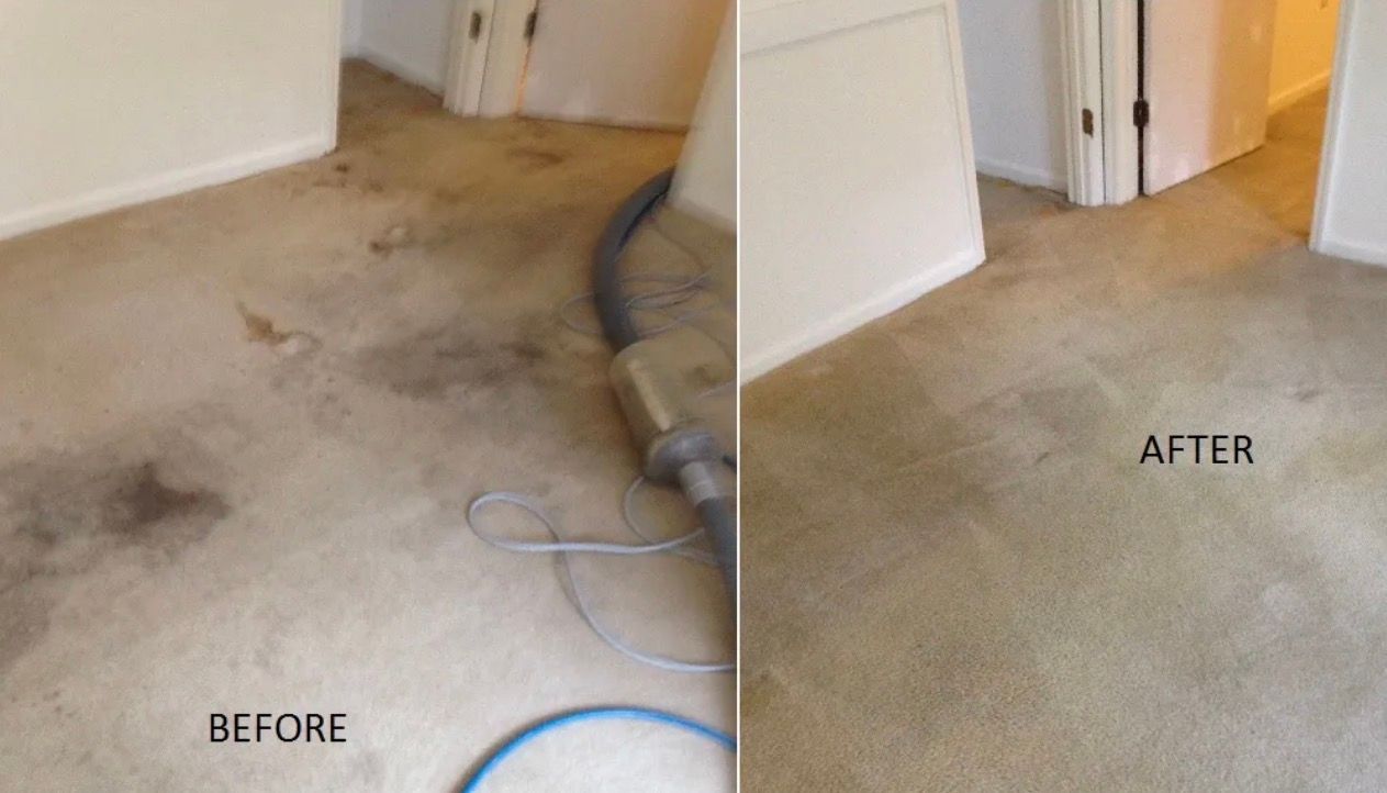 Before-and-after carpet cleaning in a hallway, showing stained beige carpet cleaned to a lighter, uniform look.
