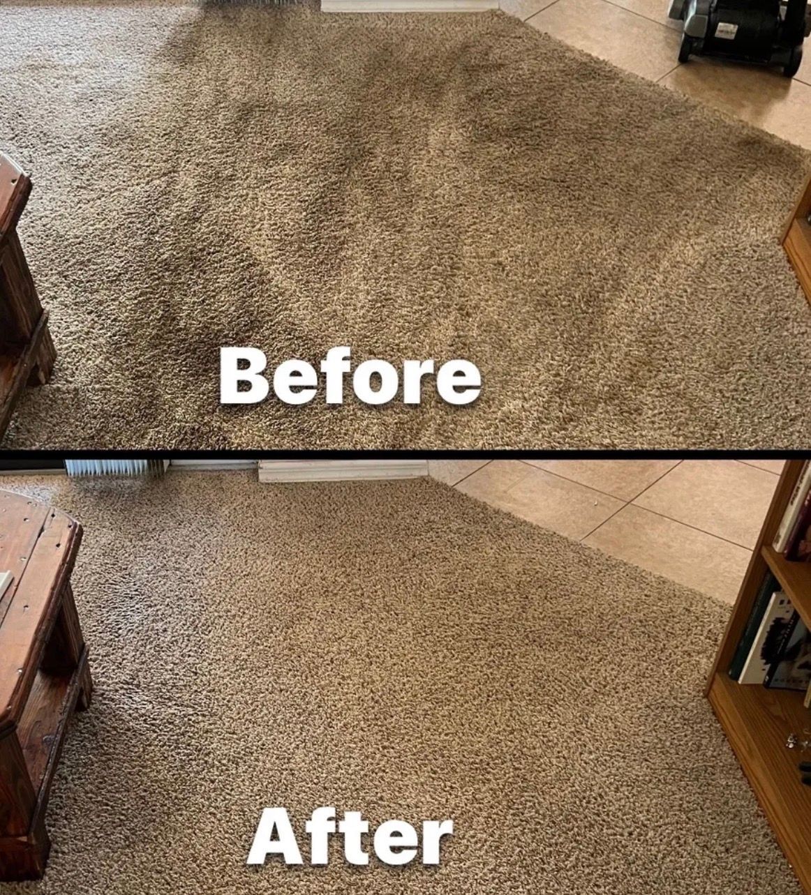 Carpet before and after cleaning: dark, dirty rug becomes lighter and more evenly colored.