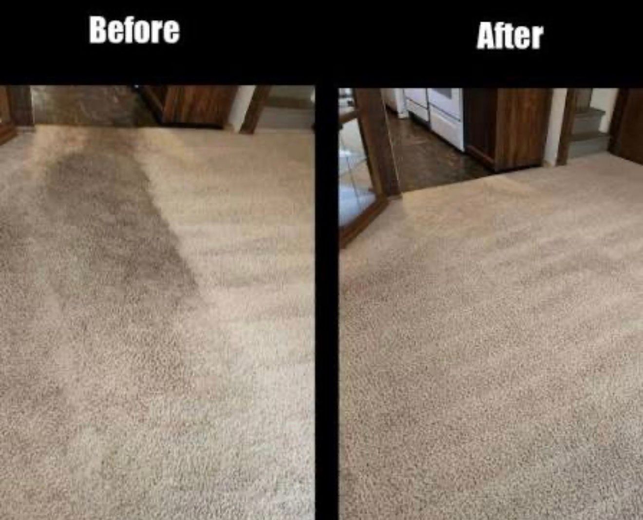 Before-and-after of a carpet stain removed from a beige floor carpet.